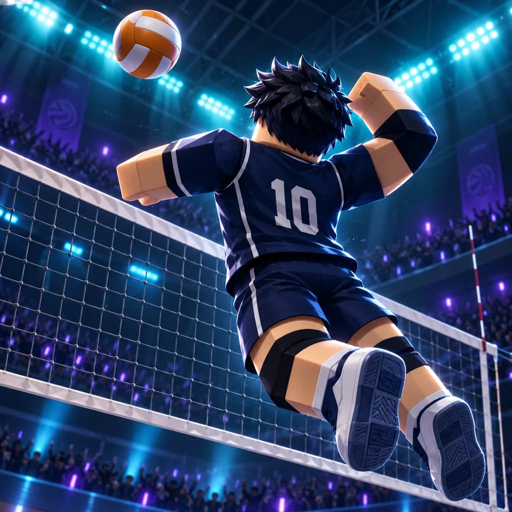 Original fan illustration of a volleyball player jumping to spike at an indoor court