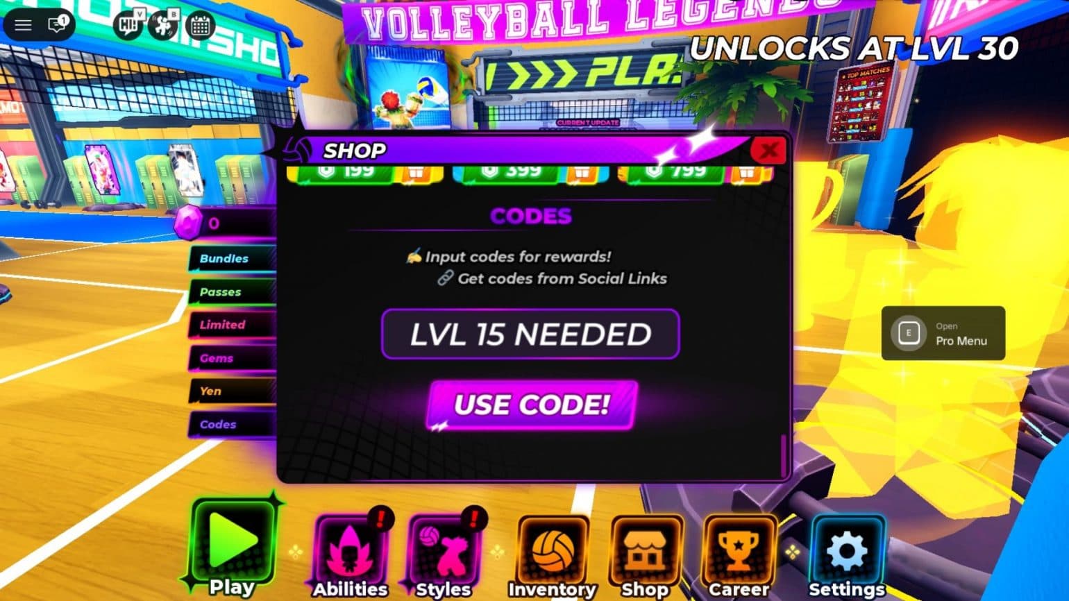Volleyball Legends Shop with the Codes menu open, showing LVL 15 NEEDED and the USE CODE button. The Shop icon is in the bottom menu.